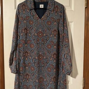 CAbi Floral Long Sleeve Dress in Blue and Brown